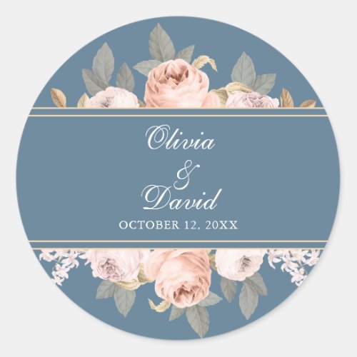 Boho Blue and Blush Peonies Wedding Classic Round Sticker