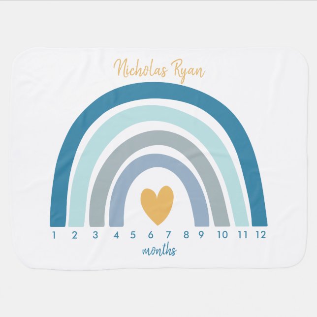 Boho Blue and Gold Boys Rainbow Baby Milestone Bab Baby Blanket (Horizontal)