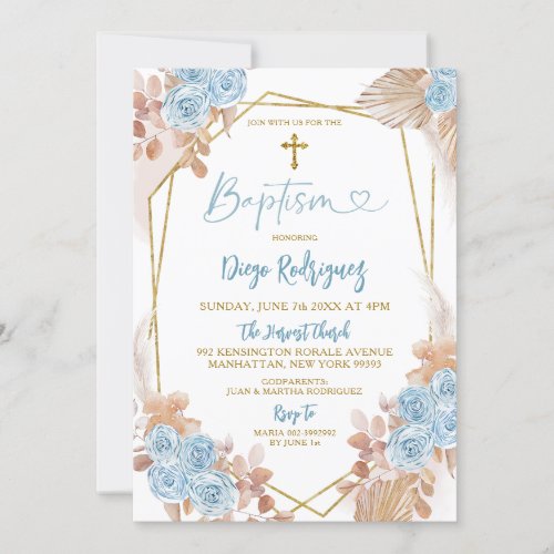 Boho Blue and Gold Floral Baptism Invitation