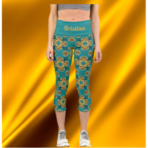 Boho Blue and Gold Moroccan Tiles Capri Leggings