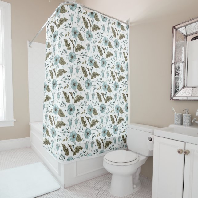 Boho Blue and Green Floral Shower Curtain (In Situ)