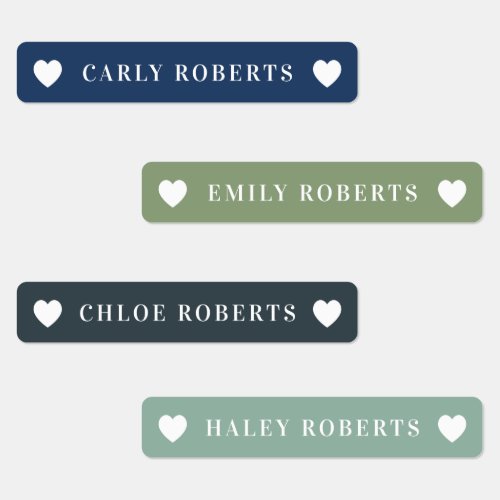 Boho Blue and Green Heart Kids Name Waterproof Labels
