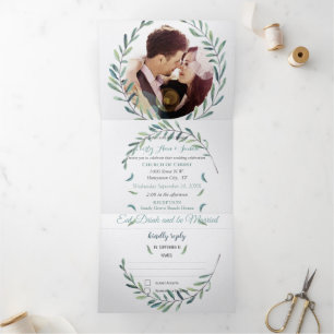 Boho Blue and Green Wreath Wedding Tri-Fold Invitation