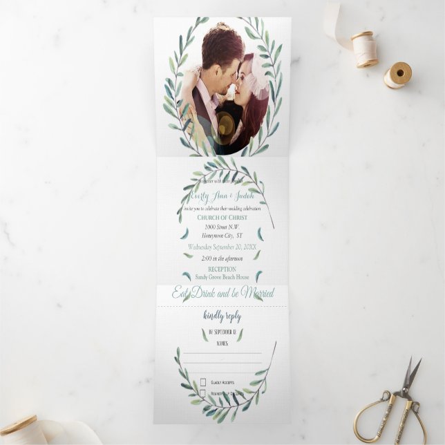 Boho Blue and Green Wreath Wedding Tri-Fold Invitation (Inside)