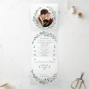 Boho Blue and Green Wreath Wedding Tri-Fold Invitation