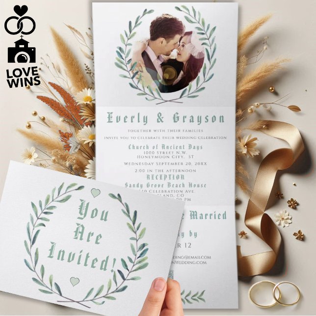 Boho Blue and Green Wreath Wedding Tri-Fold Invitation (Creator Uploaded)