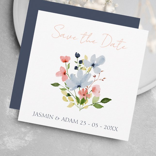Boho Blue and Pink Floral Save the Date Card (Creator Uploaded)