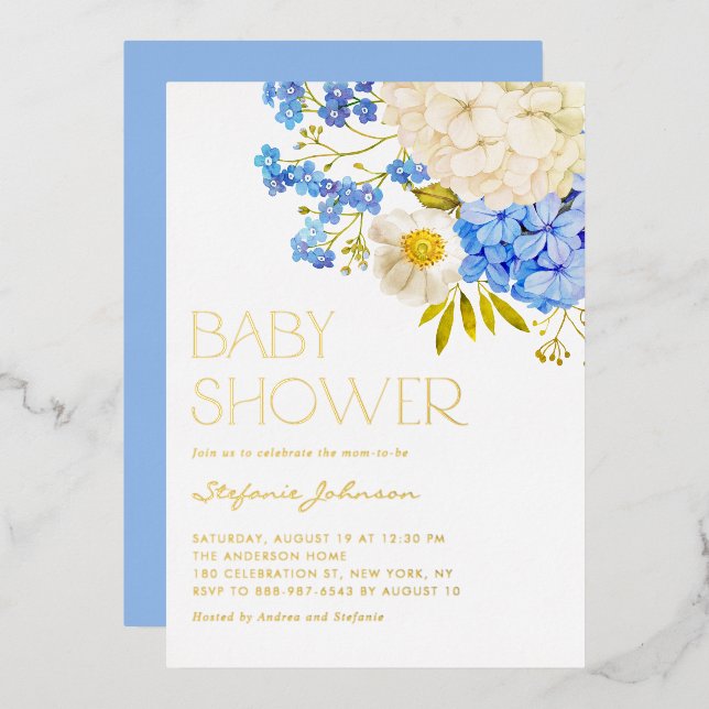 Boho Blue and White Hydrangeas Baby Shower Foil Invitation (Front/Back)