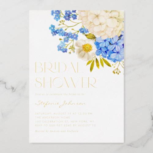 Boho Blue and White Hydrangeas Bridal Shower Foil Invitation