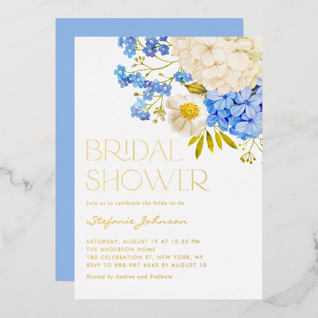 Boho Blue and White Hydrangeas Bridal Shower Foil Invitation (Front/Back)