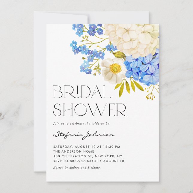 Boho Blue and White Hydrangeas Bridal Shower Invitation (Front)