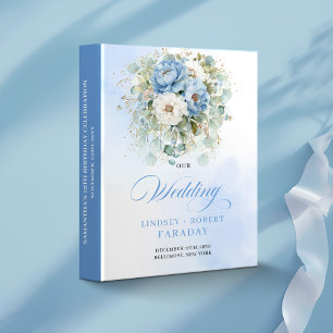 Boho Blue and White Peonies Wedding Album 3 Ring 3 Ring Binder