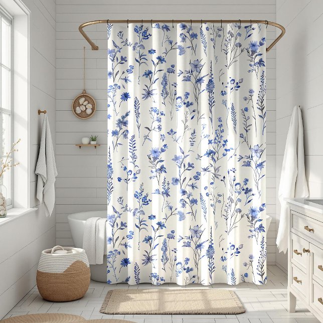 Boho Blue and White Wildflowers Shower Curtain (Boho Blue and White Wildflowers Shower Curtainin a sunny white boho bathroom.)