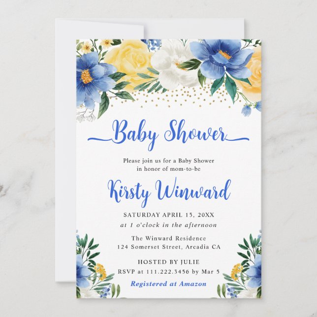 Boho Blue and Yellow Summer Flowers Baby Shower Invitation (Front)