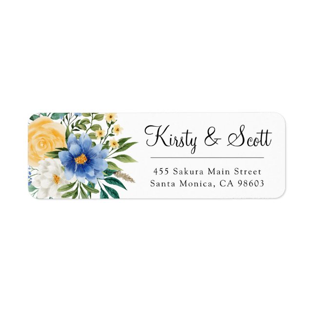 Boho Blue and Yellow Summer Flowers Wedding Label (Front)