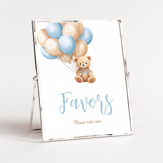 Boho Blue Balloon Bear Baby Shower Favors Poster (We Can Bearly Wait Boy Baby Shower Favors Sign)