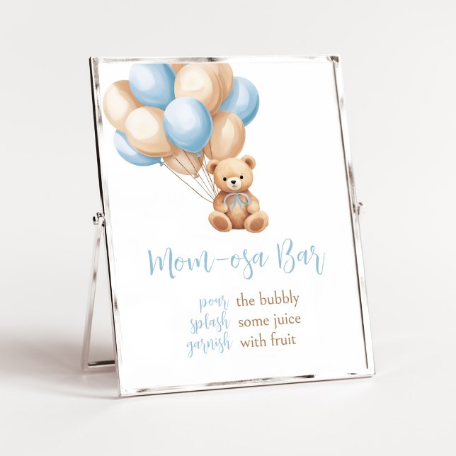 Boho Blue Balloon Bear Baby Shower Mom Osa Bar Poster (We Can Bearly Wait Boy Baby Shower Mom Osa Bar Sign)