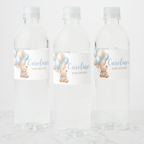 Boho Blue Balloon Bear Baby Shower  Water Bottle Label