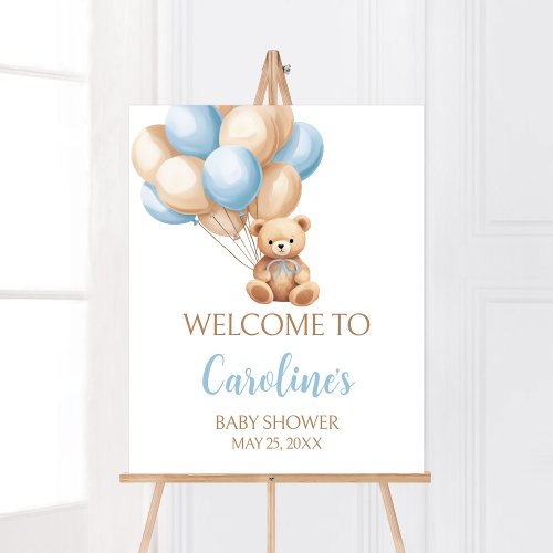 Boho Blue Balloon Bear Baby Shower Welcome Poster