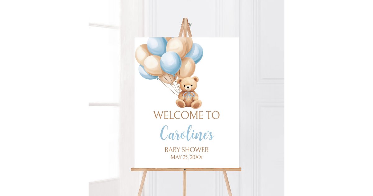 Boho Blue Balloon Bear Baby Shower Welcome Poster | Zazzle