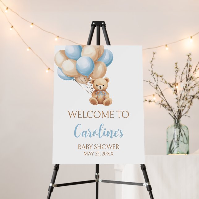 Boho Blue Balloon Bear Baby Shower Welcome Sign (In Situ (Stand))