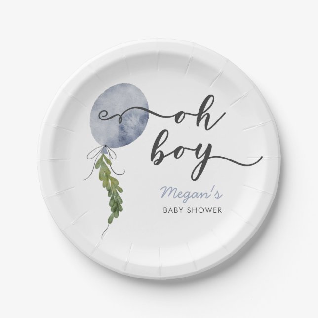 Boho Blue Balloon Oh Boy Baby Shower Paper Plates (Front)