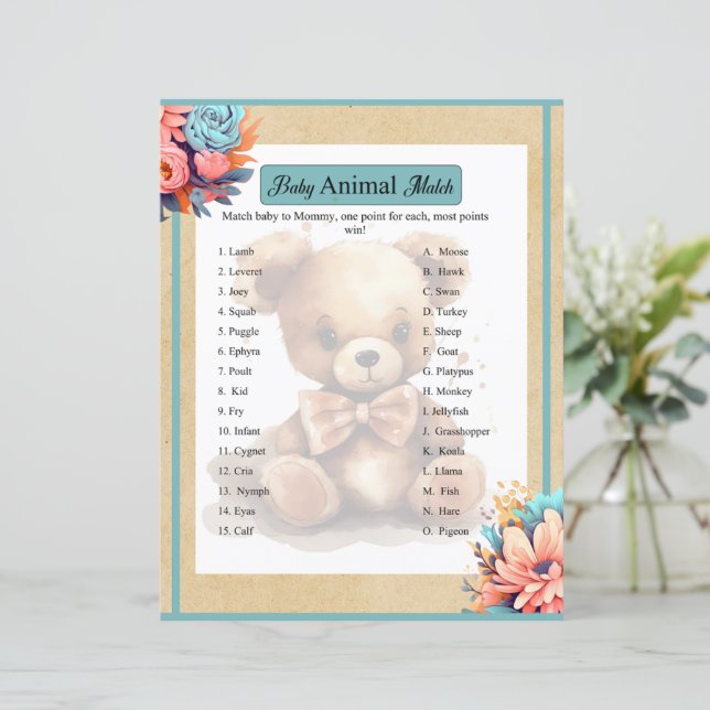 Boho Blue Bear Baby Shower Animal Match Game (Standing Front)