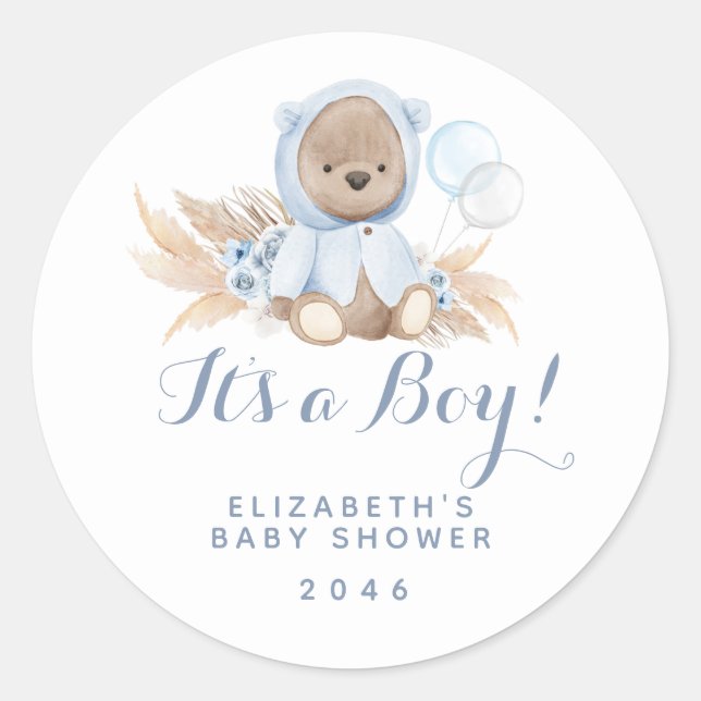 Boho Blue Bear Baby Shower Favor Label (Front)