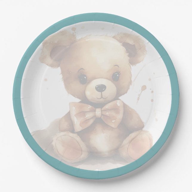 Boho Blue Bear Baby Shower  Paper Plates (Front)