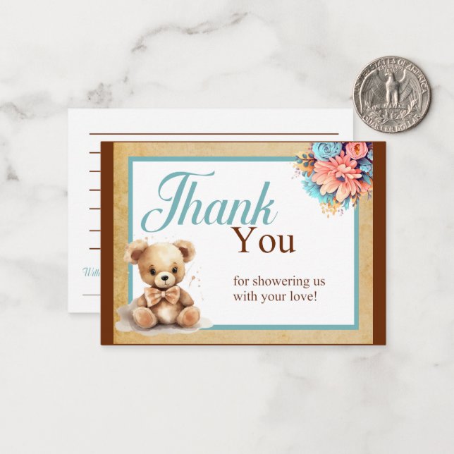 Boho Blue Bear Baby Shower Thank you Note Card (Front/Back In Situ)