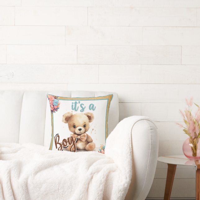 Boho Blue Bear Baby Shower Throw Pillow (Couch)