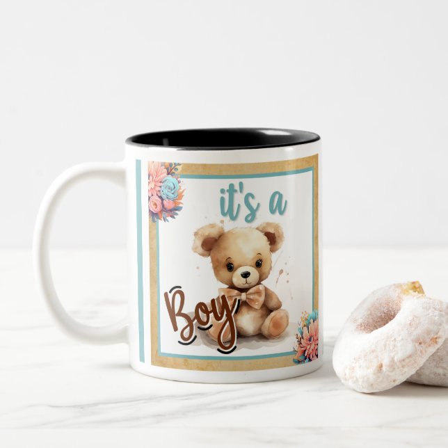 Boho Blue Bear Baby Shower  Two-Tone Coffee Mug (With Donut)