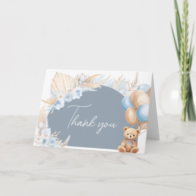 Boho Blue Bear Balloon Baby Shower Thank You Card (Front)