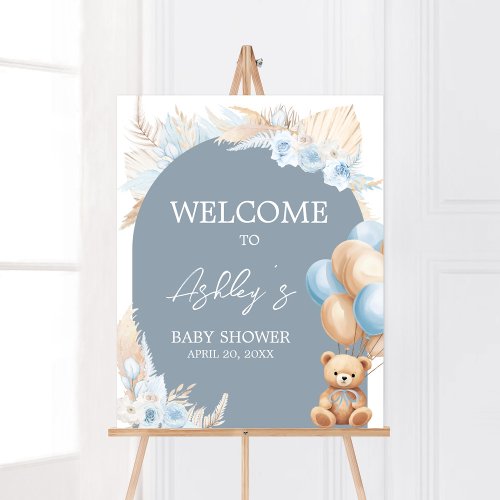 Boho Blue Bear Balloon Baby Shower Welcome Poster