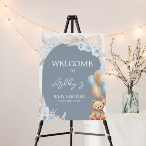 Boho Blue Bear Balloon Baby Shower Welcome Sign