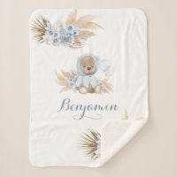 Boho Blue Bear New Baby Boy Sherpa Blanket