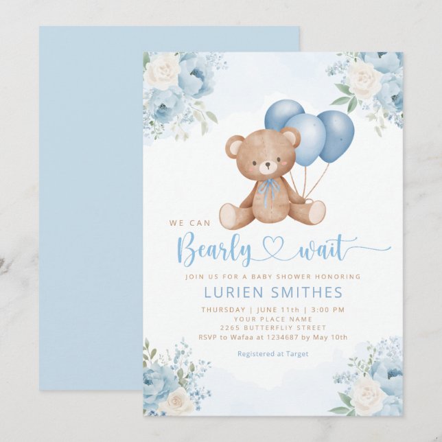 Boho Blue Bearly Wait Teddy Bear Boy baby shower  Invitation (Front/Back)