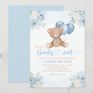 Boho Blue Bearly Wait Teddy Bear Boy baby shower  Invitation