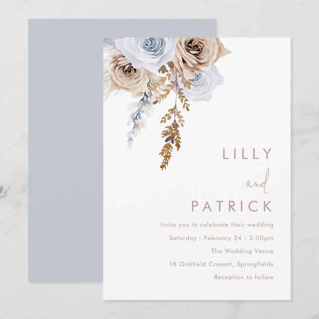 Boho Blue & Beige Flowers Modern Wedding Invitation (Front/Back)
