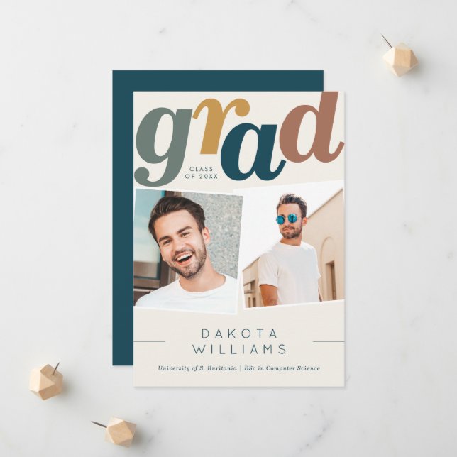 Boho Blue & Beige Grad Typography Photo Graduation Announcement (Front/Back In Situ)
