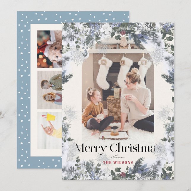 Boho Blue Botanical Arch 4 Photo Christmas Holiday Card (Front/Back)