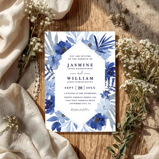 Boho Blue Bouquet Floral Elegant QR Code Wedding Invitation (Creator Uploaded)