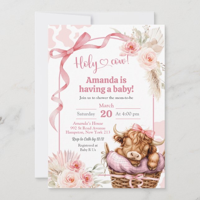 Boho Blue Bow Highland Cow Baby Shower Invitation (Front)