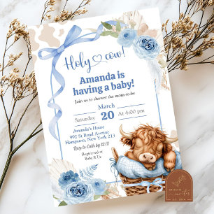 Boho Blue Bow Highland Cow Baby Shower Invitation