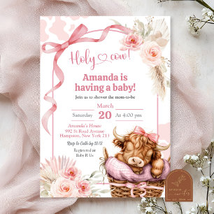 Boho Blue Bow Highland Cow Baby Shower Invitation