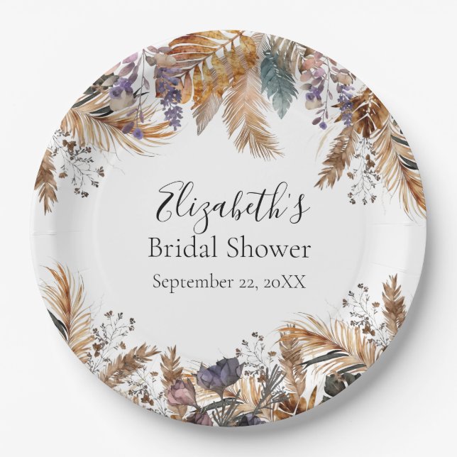 Boho Blue Brown Botanical Palm Pampas Grass Bridal Paper Plates (Front)