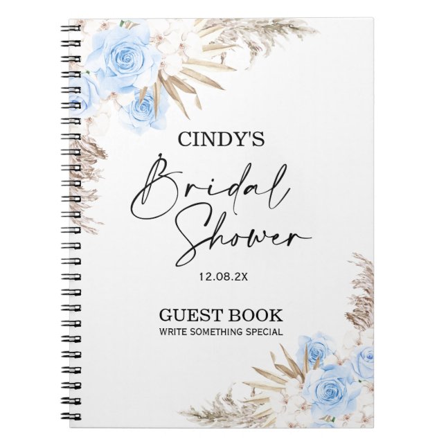Boho Blue Brown Floral Bridal Shower Guest Notebook (Front)
