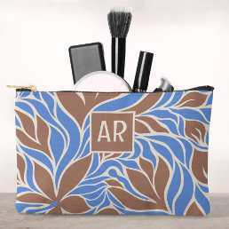 Boho Blue &amp; Brown Modern Floral Pattern Monogram Accessory Pouch