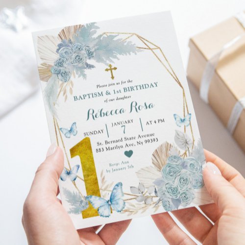 Boho Blue Butterfly Baptism and First Birthday Invitation