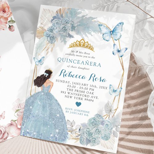 Boho Blue Butterfly Mexican Princesa Quinceaera Invitation